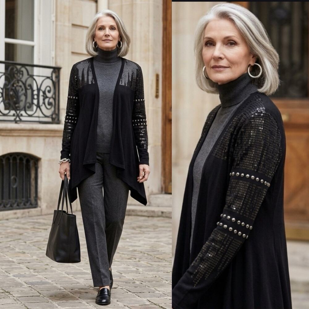 Anne Fontaine drape front knit Long cardigan Black Size 10 studded sweater